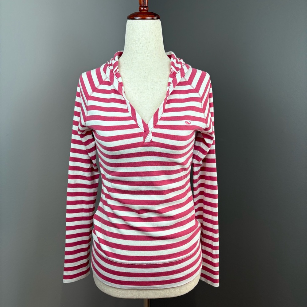 Vineyard Vines Long Sleeve Hoodie Pullover Size S V Neck Pink and White Stripes